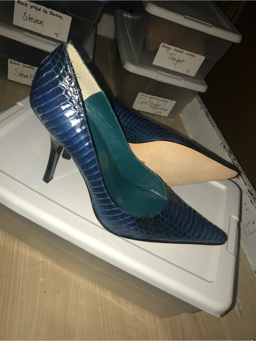 bebe Navy Blue Snake-Embossed Pointed-Toe Stiletto Heels
